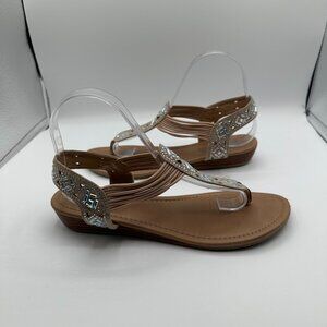 Dept 222 Beige Embellished Rhinestone T Strap Sandals Women's 7.5